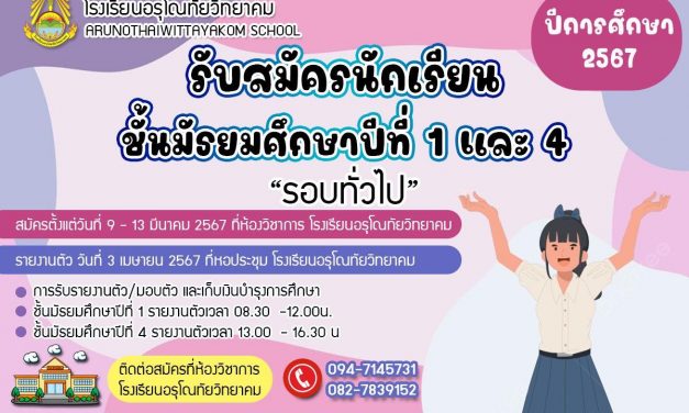 เปิดรับสมัครนักเรียนเข้าเรียนต่อ ในระดับชั้นมัธยมศึกษาปีที่ 1 และนักเรียนระดับชั้นมัธยมศึกษาปีที่ 4 ประจำปีการศึกษา 2567