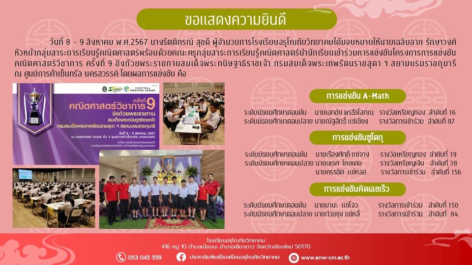 นักเรียนเข้าร่วมการแข่งขันคณิตศาสตร์วิชาการ ครั้งที่ 9 ชิงถ้วยพระราชทานสมเด็จพระกนิษฐาธิราชเจ้า กรมสมเด็จพระเทพรัตนราชสุดา ฯ สยามบรมราชกุมารี