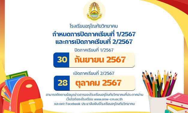 ประกาศโรงเรียนอรุโณทัยวิทยาคม เรื่องการปิดภาคเรียนที่ 1 ปีการศึกษา 2567 และการเปิดภาคเรียนที่ 2 ปีการศึกษา 2567