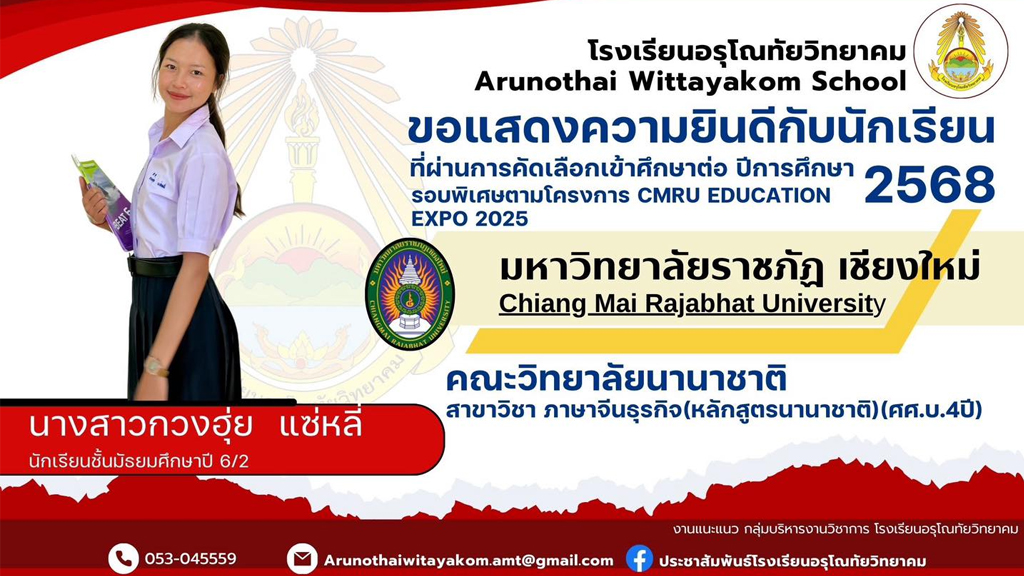 ขอแสดงความยินดีกับนักเรียนระดับชั้นมัธยมศึกษาปีที่ 6 ที่ผ่านการคัดเลือกและมีสิทธิ์เข้าศึกษาต่อในระดับอุดมศึกษา มหาวิทยาราชภัฏเชียงใหม่ รอบพิเศษตามโครงการ CMRU Education Expo 2025 ประจำปีการศึกษา 2568
