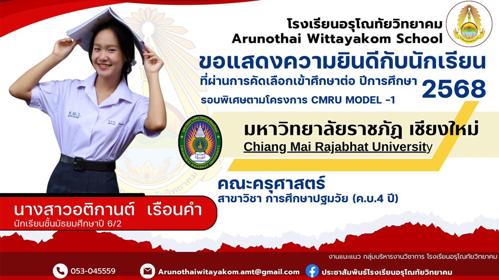 ขอแสดงความยินดีกับนักเรียนระดับชั้นมัธยมศึกษาปีที่ 6 ที่ผ่านการคัดเลือกและมีสิทธิ์เข้าศึกษาต่อในระดับอุดมศึกษา มหาวิทยาราชภัฏเชียงใหม่ รอบพิเศษตามโครงการ CMRU Model และรอบ CMRU Education Expo 2025 ประจำปีการศึกษา 2568