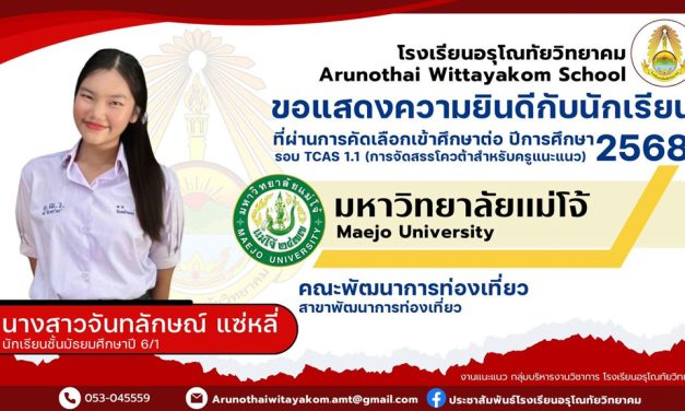ขอแสดงความยินดีกับนักเรียนระดับชั้นมัธยมศึกษาปีที่ 6 ที่ผ่านการคัดเลือกและมีสิทธิ์เข้าศึกษาต่อในระดับอุดมศึกษา มหาวิทยาลัยแม่โจ้ รอบ Tcas1 Portfolio ประจำปีการศึกษา 2568