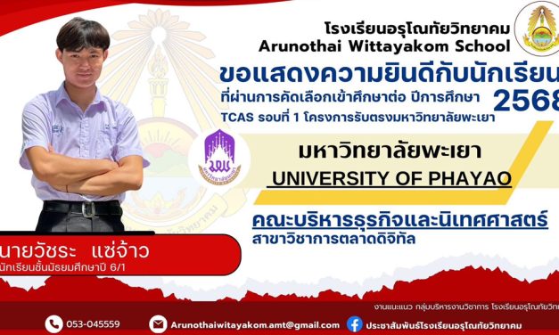 ขอแสดงความยินดีกับนักเรียนระดับชั้นมัธยมศึกษาปีที่ 6 ที่ผ่านการคัดเลือกและมีสิทธิ์เข้าศึกษาต่อในระดับอุดมศึกษา มหาวิทยาลัยพะเยา Tcas รอบที่ 1