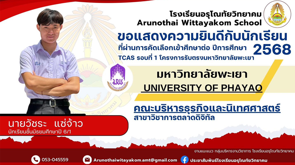 ขอแสดงความยินดีกับนักเรียนระดับชั้นมัธยมศึกษาปีที่ 6 ที่ผ่านการคัดเลือกและมีสิทธิ์เข้าศึกษาต่อในระดับอุดมศึกษา มหาวิทยาลัยพะเยา Tcas รอบที่ 1