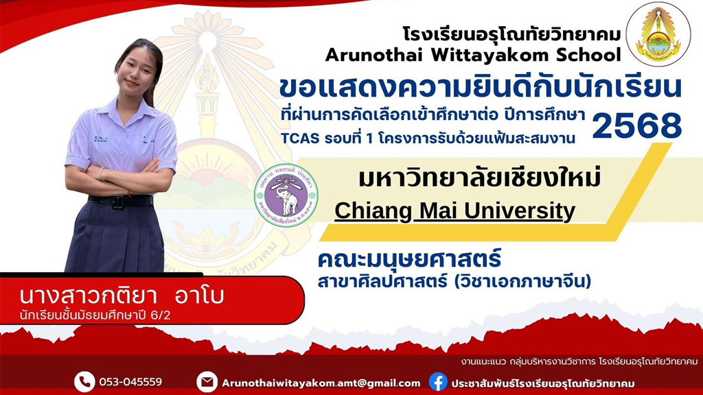 ขอแสดงความยินดีกับนักเรียนระดับชั้นมัธยมศึกษาปีที่ 6 ที่ผ่านการคัดเลือกและมีสิทธิ์เข้าศึกษาต่อในระดับอุดมศึกษา มหาวิทยาลัยเชียงใหม่ Tcas รอบที่ 1 โครงการรับด้วยแฟ้มสะสมงาน ประจำปีการศึกษา 2568