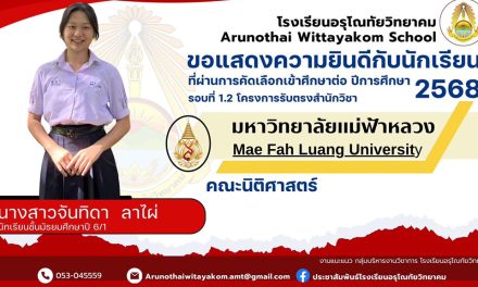 ขอแสดงความยินดีกับนักเรียนระดับชั้นมัธยมศึกษาปีที่ 6 ที่ผ่านการคัดเลือกและมีสิทธิ์เข้าศึกษาต่อในระดับอุดมศึกษา มหาวิทยาลัยแม่ฟ้าหลวง รอบที่ 1.2 โครงการรับตรงสำนักวิชา ประจำปีการศึกษา 2568