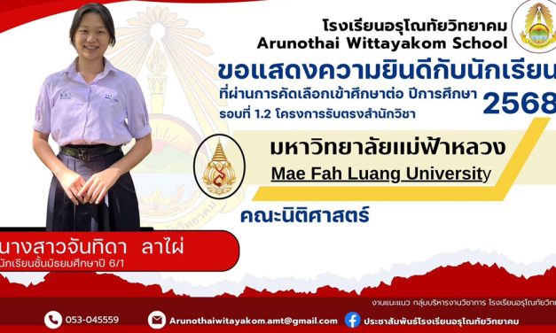 ขอแสดงความยินดีกับนักเรียนระดับชั้นมัธยมศึกษาปีที่ 6 ที่ผ่านการคัดเลือกและมีสิทธิ์เข้าศึกษาต่อในระดับอุดมศึกษา มหาวิทยาลัยแม่ฟ้าหลวง รอบที่ 1.2 โครงการรับตรงสำนักวิชา ประจำปีการศึกษา 2568