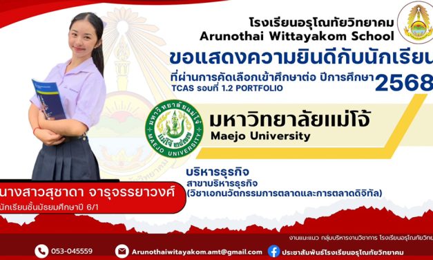 ขอแสดงความยินดีกับนักเรียนระดับชั้นมัธยมศึกษาปีที่ 6 ที่ผ่านการคัดเลือกและมีสิทธิ์เข้าศึกษาต่อในระดับอุดมศึกษา มหาวิทยาลัยแม่โจ้ และมหาวิทยาลัยแม่โจ้-แพร่ เฉลิมพระเกียรติ รอบ Tcas1.2