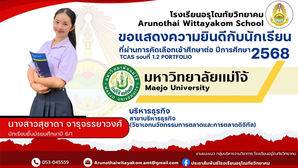 ขอแสดงความยินดีกับนักเรียนระดับชั้นมัธยมศึกษาปีที่ 6 ที่ผ่านการคัดเลือกและมีสิทธิ์เข้าศึกษาต่อในระดับอุดมศึกษา มหาวิทยาลัยแม่โจ้ และมหาวิทยาลัยแม่โจ้-แพร่ เฉลิมพระเกียรติ รอบ Tcas1.2