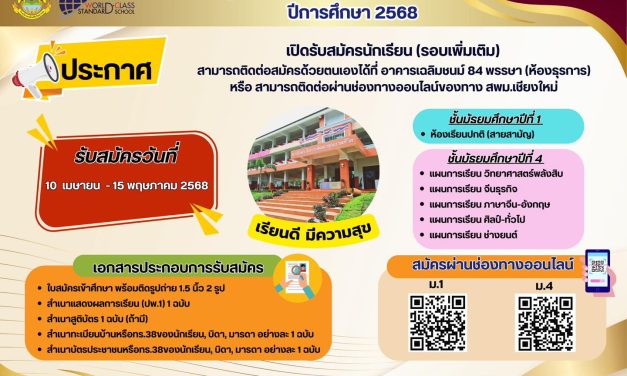 ประกาศรับสมัครนักเรียน (รอบเพิ่มเติม) ประจำปีการศึกษา 2568