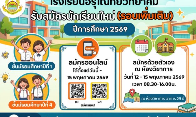 โรงเรียนอรุโณทัยวิทยาคม เปิดรับสมัครนักเรียนปีการศึกษา 2569 (รอบเพิ่มเติม)