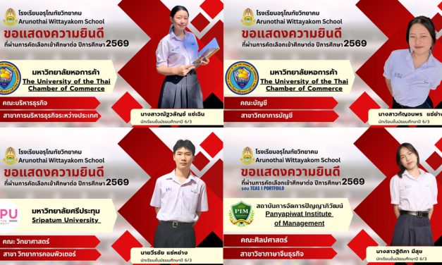 โรงเรียนอรุโณทัยวิทยาคม ขอแสดงความยินดีกับนักเรียนระดับชั้นมัธยมศึกษาปีที่ 6 ที่ผ่านการคัดเลือกและมีสิทธิ์เข้าศึกษาต่อในระดับอุดมศึกษา รอบการรับตรง ประจำปีการศึกษา 2569