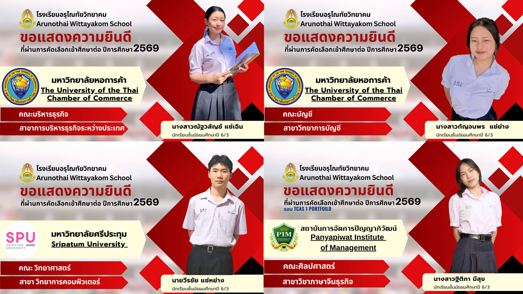 โรงเรียนอรุโณทัยวิทยาคม ขอแสดงความยินดีกับนักเรียนระดับชั้นมัธยมศึกษาปีที่ 6 ที่ผ่านการคัดเลือกและมีสิทธิ์เข้าศึกษาต่อในระดับอุดมศึกษา รอบการรับตรง ประจำปีการศึกษา 2569